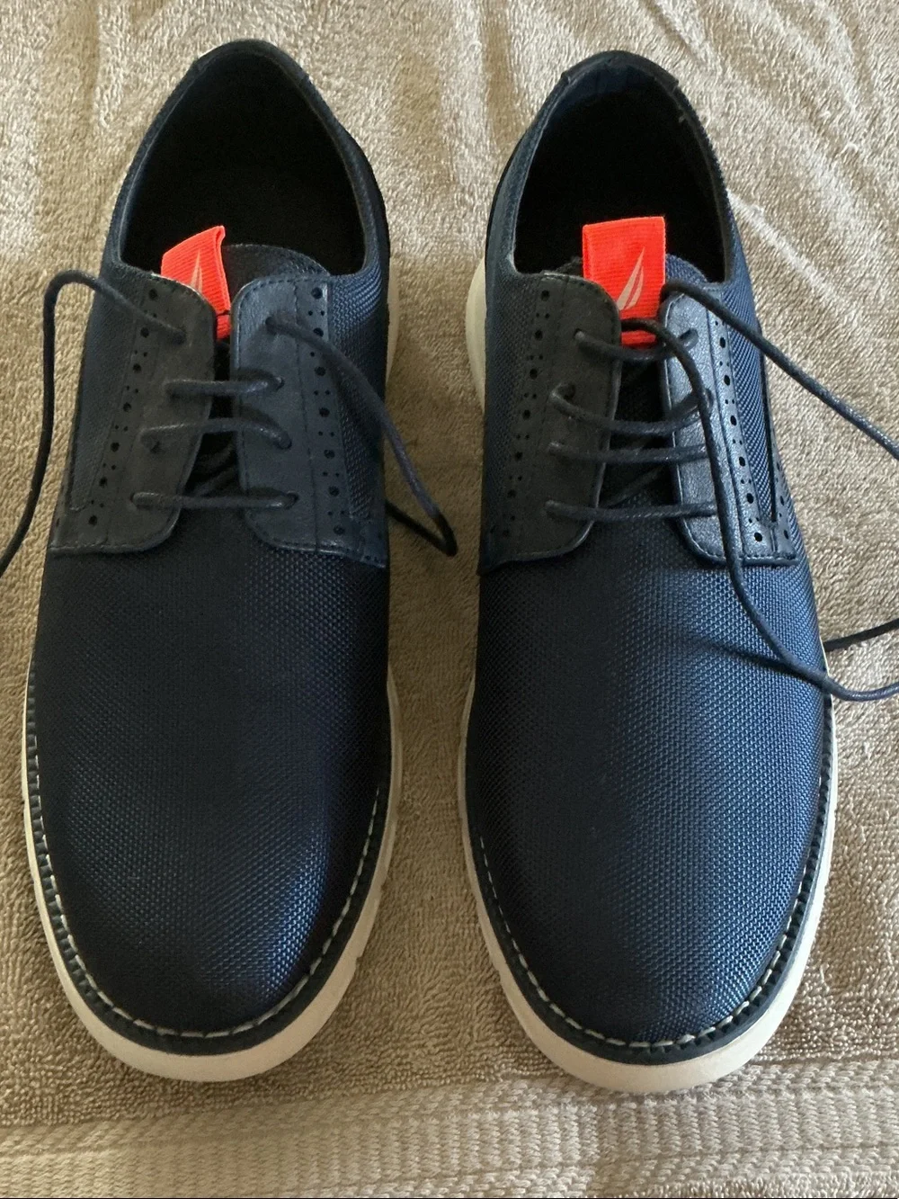 Nautica Navy Oxford Shoes with White Sole and Orange Pull Tab